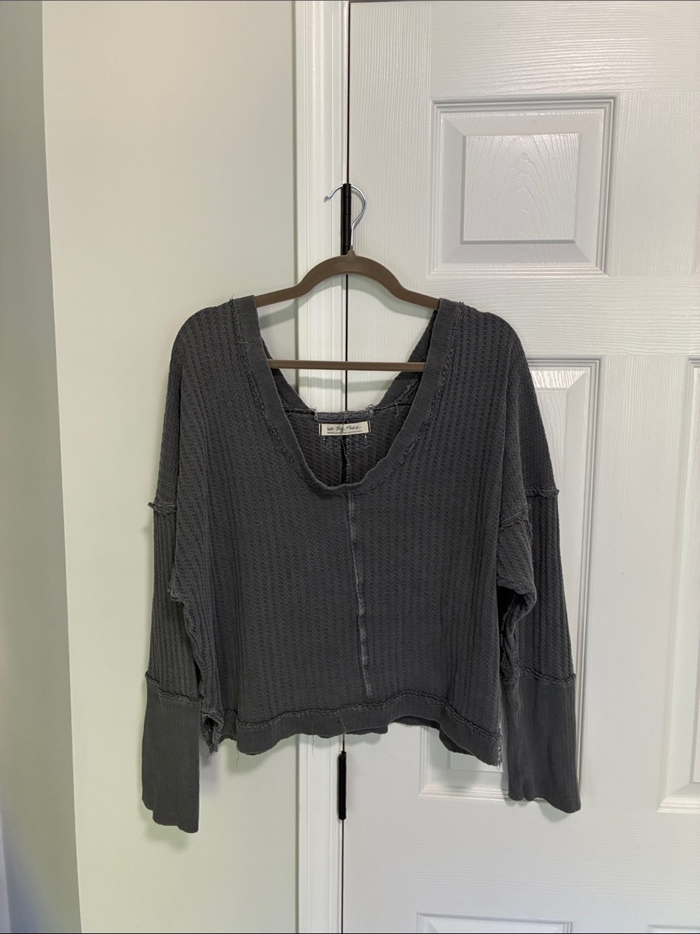 Free People Dark Charcoal Waffle-Knit V-Neck Pullover
